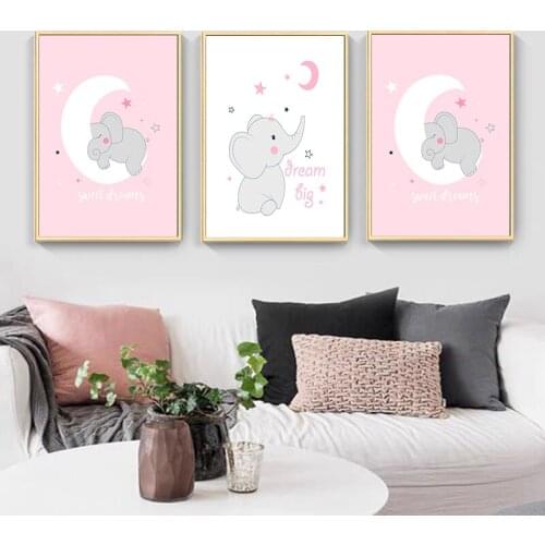 Wall Art Posters Prints Pink Sweet Elephant Dream Pictures For Nursery Decor Canvas Painting Gift Baby Room Home Decorations