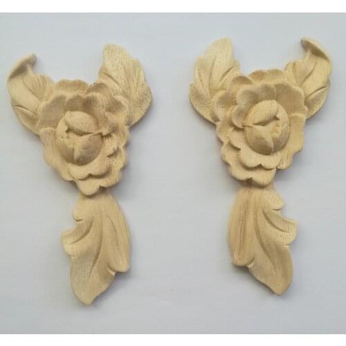 New Flower Wood Carving Natural Wood Appliques for Furniture Cabinet Unpainted Wooden Mouldings Decal Decorative Figurines