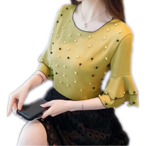 New Stylish Pearls Beading Chiffon Shirts Flare Short Sleeve 2019 Summer Women Fashion Casual Blouses Ladies Tops ClothingQ318