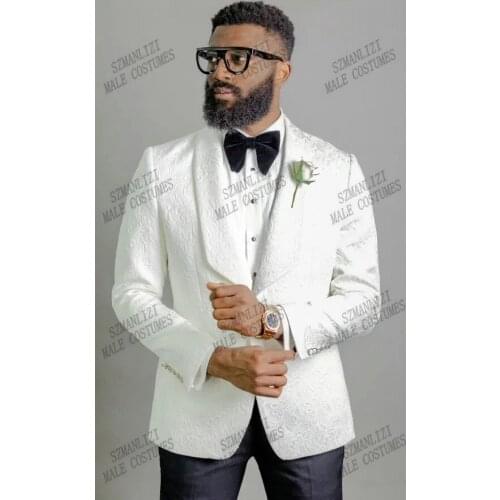 New Design White Jacquard Jacket Costume Homme Men Suits With Pant Slim Fit Tuxedo Wedding Groom Terno Masculino Best Man Blazer