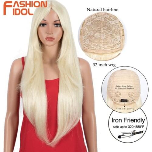 FASHION IDOL 32 Inch Long Straight Wig with Bangs Synthetic Wigs For Black Women Heat Resistant Ombre Blonde Wigs Cosplay Hair
