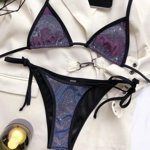 Luxury Bling Rhinestone Purple Bikini Set Crystal Diamond Halter Beachwear Up Women Bandage Push Sexy Swimsuit Bathing Swim L2G0
