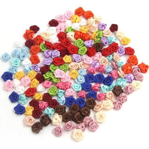 100PCS/Lot Mini Handmade Satin Rose Ribbon Rosettes Fabric Flower Appliques For Wedding Decoration Craft Sewing Accessories