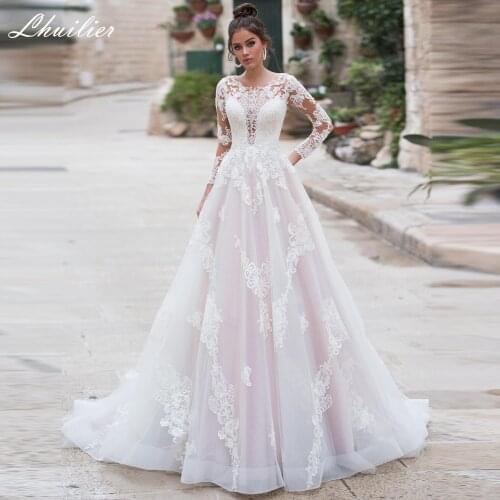 Lhuilier A-line Illusion Scoop Neck Lace Appliques Wedding Dresses 2020 Full Sleeves Floor Length Bridal Dress with Court Train