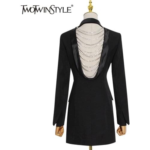 TWOTWINSTYLE Backless Chain Black Blazers Buttons Sexy Slim Notched Long Sleeve Coats Female 2021 Spring Fashion Women Clothing