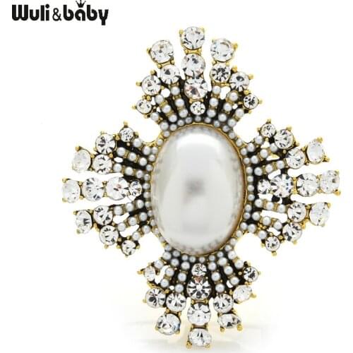 Wuli&baby Rhinestone Cross Brooches For Women Men Vintage Palace Style Pearl Cross Flower Office Casual Brooch Pins Gifts