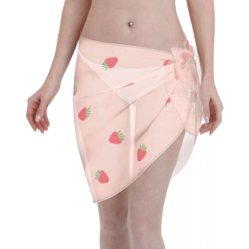 Women Beach Bikini Cover Up Pink Strawberry Wrap Skirt Sarong Scarf Beachwear Bathing Suit Beachwear Swimsuits