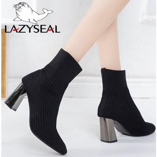 LazySeal Solid Color Hoof Heels Sock Boots Knitted Fabric Casual Shoes Square Toe Ankle Boots Woman Shoes Slip-on Women Sneakers