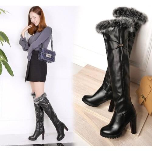 Ochanmeb Real Rabbit Fur Snow Boots Women Thigh High Boots Woman Chunky High Heels Platform Over-the-Knee Boot Winter Shoe 33-50