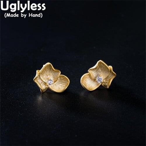 Uglyless Three Petals Flowers Studs Earrings for Women MINI Floral Brincos Gold 925 Sterling Silver Earrings Zircons Jewelry