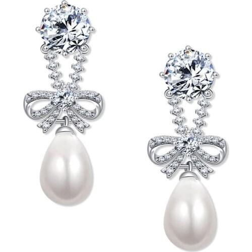 2020 100% 925 Sterling Silver Bowknot Created Moissanite Pearl Drop Earrings for Women Ear Jewelry Wholesale Wedding Gifts