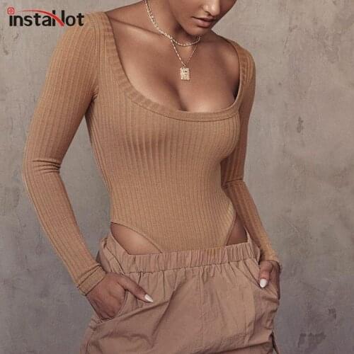 InstaHot Sexy Bodysuit Women Long SLeeve Skinny Romper Autumn Streetwear Solid Brown Round Neck Party Club Bodysuit 2020 Body