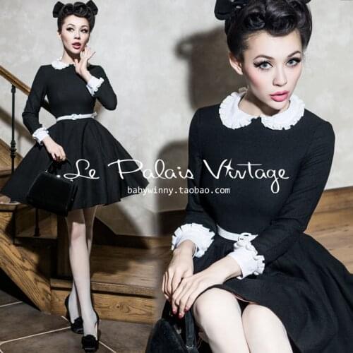 FREE SHIPPING Le palais vintage limited vintage peter pan collar puff woolen one-piece dress plus size available
