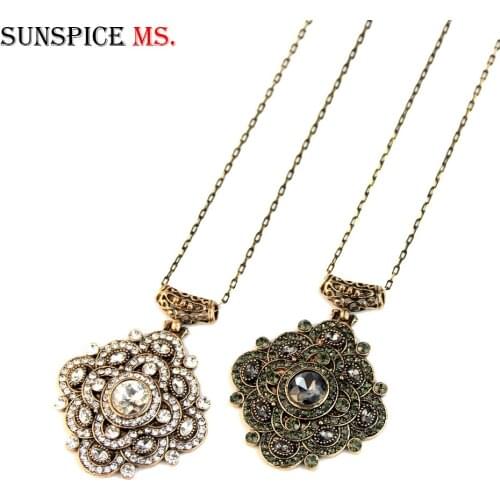 Sunspicems Vintage Turkish Pendant Necklace for Women Retro Gold Color Gray Rhinestone Sunflower Ethnic Boho Banquet Jewelry