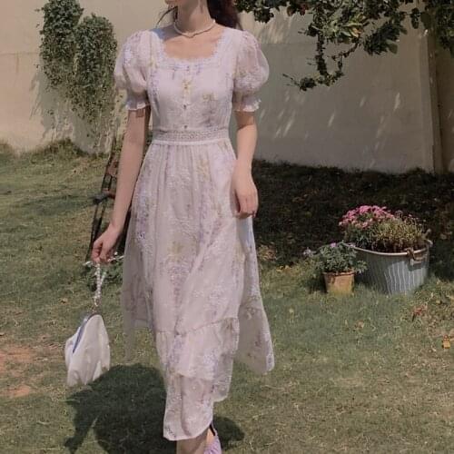 Women Dresses French Hepburn Summer Square Collar Lace Vintage Floral Printed Sweet Elegance Long Dress Fairy