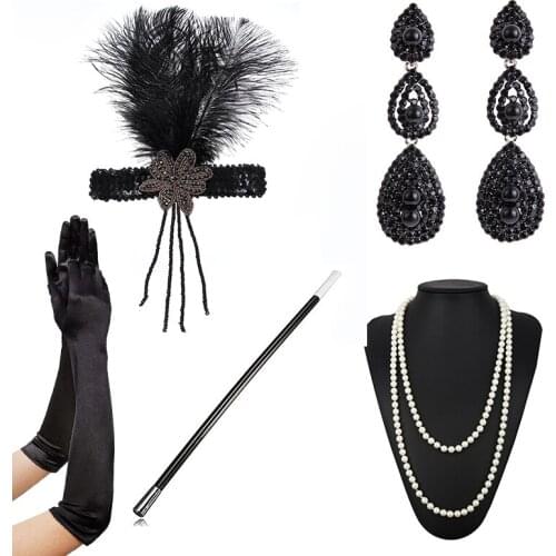 1920s Accessories Headband Necklace Gloves Cigarette Holder Earrings Flapper Costume Accessories Set for Women