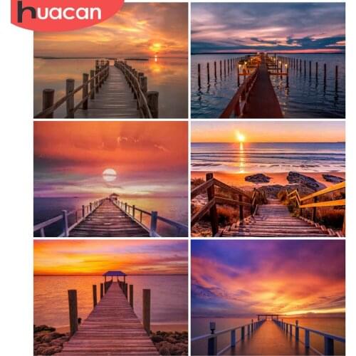 HUACAN Diamond Art Painting Bridge Landscape 5D Diy Diamond Embroidery Sunset Mosaic Wall Art Handmade Gift