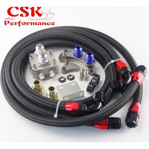 AN10 Filter Sandwich Adapter+Nylon Braided or SS Braided Oil Line Fits For Nissan SR20DET S13 S14 S15 SR20DE Black/Silver