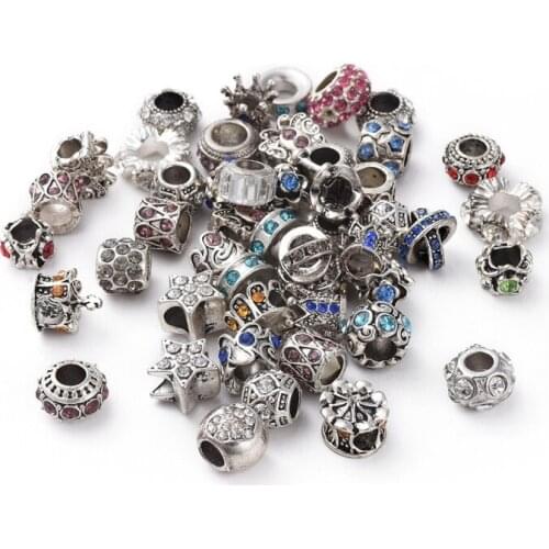50pcs Random Mixed Shapes Glass Rhinestone European Beads Large Hole Beads for Jewelry Making DIY Accessories 9~16x6~11mm