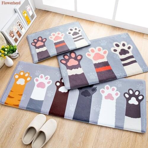 Flannel Fabric Suede Anti-Slip Floor Mat Cartoon Cats Paw Indoor Floor Mat Bathroom Doorway Absorbent Doormat Long Bedroom Mat