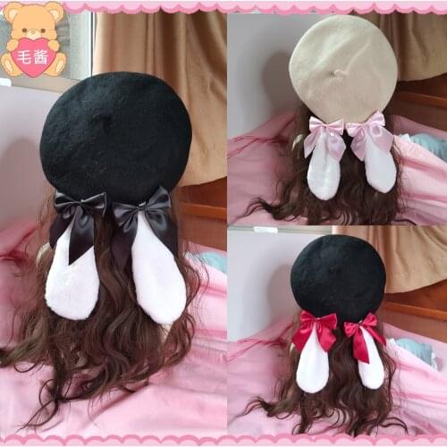 Hand - made soft girl of autumn and winter rabbit ears bow beret Japanese Lolita girl retro painter hat