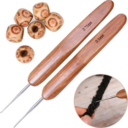 Imzay Profeesional Dreadlock Crochet Hook Bamboo Handle Hook 0.5Mm 0.75Mm With 6PCS Wood Beads, Dreads Braiding Hair Soft Steel