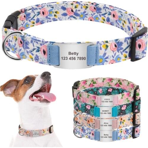 Fashion Nylon Dog Collar Personalized Dogs Collar With ID Tag Flower Print Dog Collars Custom Engraved Nameplate Pet Supplies
