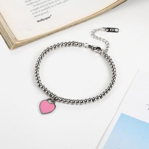 Classic Brand Light Blue And Pink Enamel Heart Charm Bead Bracelet Stainless Steel Gold Color Woman Bracelets Wholesale