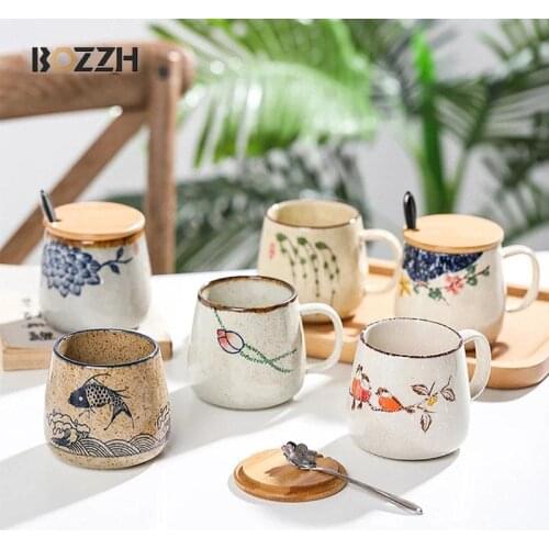 BOZZH Coffee Mug Unique Japanese Retro Style Ceramic Cups 380ml Kiln Change Clay Breakfast Cup Creative Gift for Friends