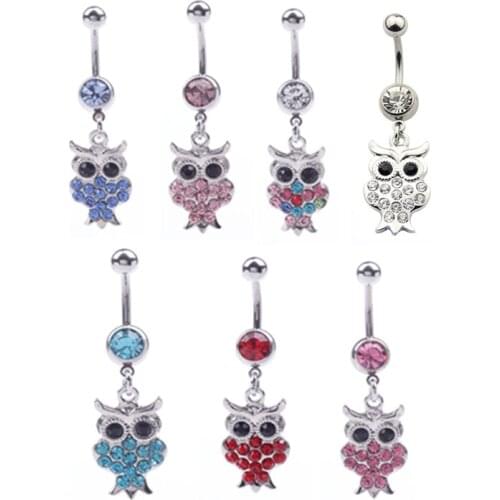 MOSRSA 1Piece Crystal Owl Bird Belly Button Rings Stainless Steel Navel Ring Belly Piercing Body Jewelry Piercing Ombligo