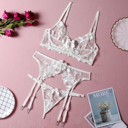 Women Embroidery Underwear Set Sexy Ladies See Through Lingerie Females Sheer Lace Push Up Bra Garters and Thong 3 Piece