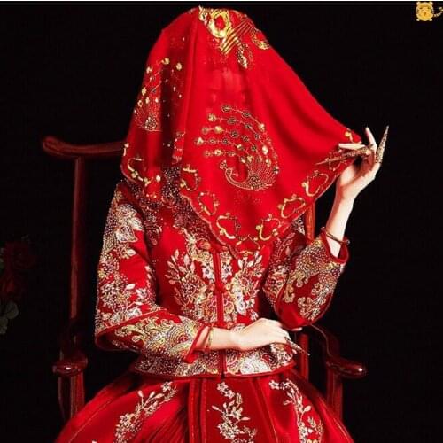Red wedding veil for bride with Chinese embroidery flower red xiu he dress