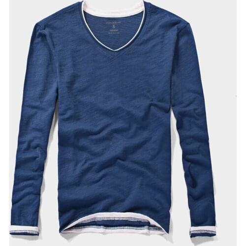Summer New Long Sleeve T-shirt for Men Casual Basic 100% Cotton Tshirt Casual Top Male Fake Two Pieces V-neck Blue Tees