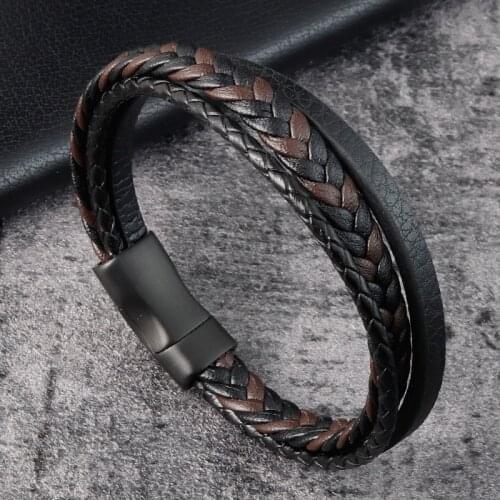 Multi Layer Leather Charm Bracelet Men Stainless Steel Maginetic Clasp Bangle Punk Fashion Casual Braided Wristband Male Jewelry