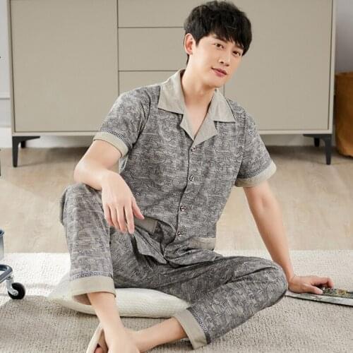 New Arrival Summer Cotton Men Pajamas Set Short Sleeve Turn-down Collar Cardigan Mens Pyjamas Plus Size 4XL Homewear Clothing
