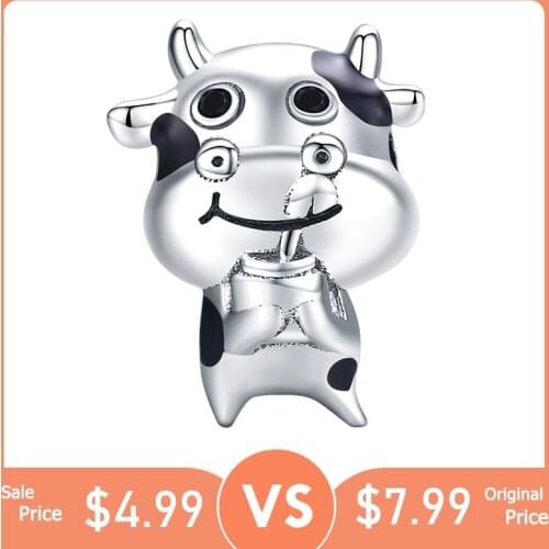 BISAER Milk Cow Beads 925 Sterling Silver Little Animal Enamel Charms Fit DIY Bracelet Necklace Pendant Lovely Jewelry ECC1574