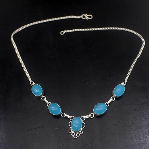 Fabulous Unique Natural BlueAgate Silver Color Women Necklace Chain 18.5 Inch HD223