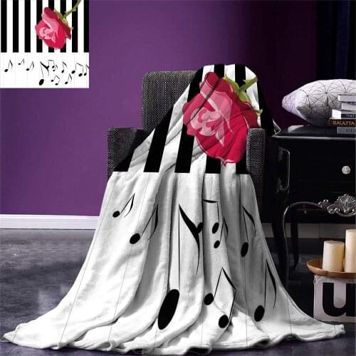 Modern Throw Blanket Hand Drawn Red Rose on Piano with Musical Notes Romantic Instrumental Art Warm Microfiber Blanket