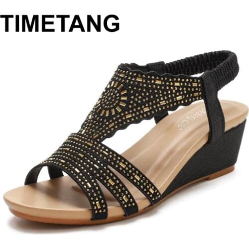 TIMETANG Women Wedges Sandals Ladies High Heel Shoes Soft Leather Fashion T Style Crystal Design Female Pumps Large Plus Size