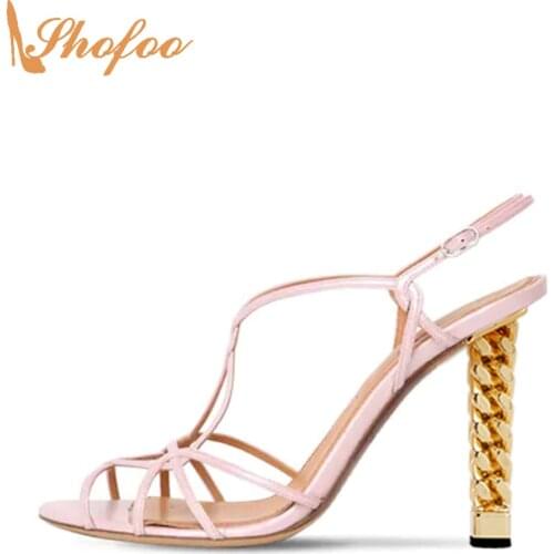 Pink Gold Chain High Heels Women Sandals Narrow Band Buckle Strap Large Size 15 16 Ladies Summer New Fashion Casual Shoes Shofoo