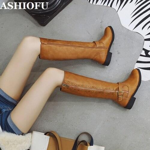 ASHIOFU Wholesale New Handmade Womens Low-heel Boots Thick-soles Sexy Party Prom Knee Boots Winter Evening Club Fashion Boots