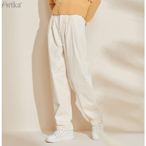 ARTKA 2021 Autumn New Women Pants Fashion Casual White Corduroy Straight Pants High Waist Loose Trousers With Pockets KA20013D