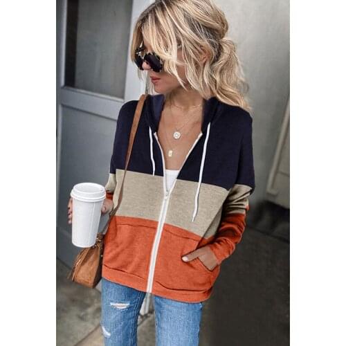 Female Long-Sleeved Contrast Color 2021 Autumn New Hooded Jacket Women Zipper Pocket Cardigan Jacket Ropa Mujer Free Shipping