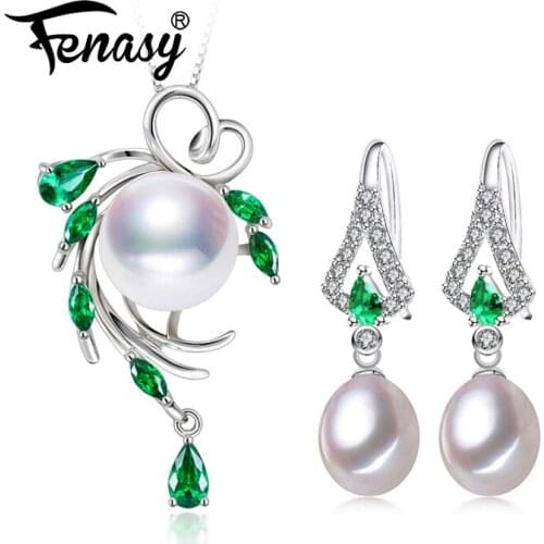 FENASY 925 Sterling Silver Jewelry Sets Green Flower Pendant Necklaces For Women Bohemian Emerald Drop Pearl Earrings