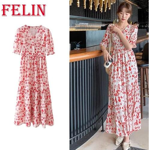 FELIN Za New Red Floral Printed Shirt Elastic Waist Dress Women Streetwear V-Neck Puff Sleeve Long Dress Vintage Mujer Vestidos