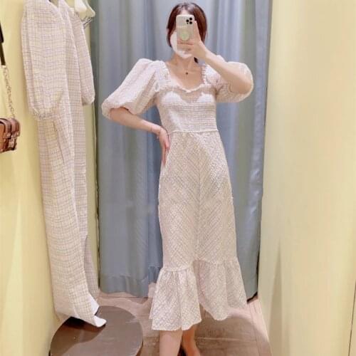Women Dress 2021 Summer New Style Fine Checked Square Collar Bubble Sleeve Temperament Fish Tail Medium Long Dress