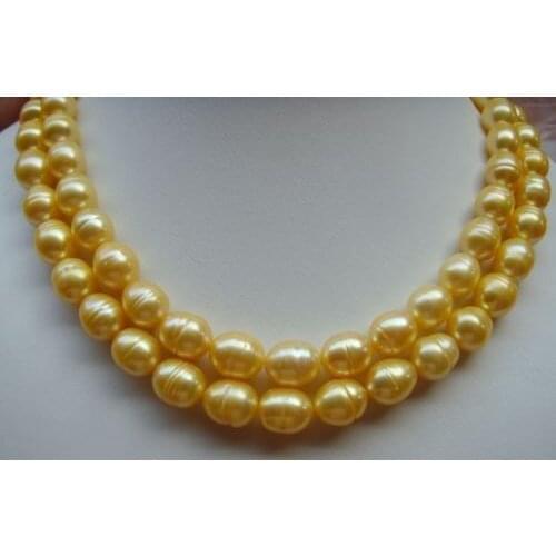 2 ROWS 11-13mm south sea golden pearl necklace 18inch