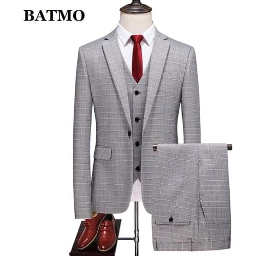 BATMO 2021 new arrival spring plaid casual slim wool suits men,mens wedding dress,jackets+pants+vest 716