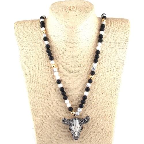 Free Shipping Fashion black & white Natural Stone Bull head Pendant Necklaces Women Lariat Necklaces