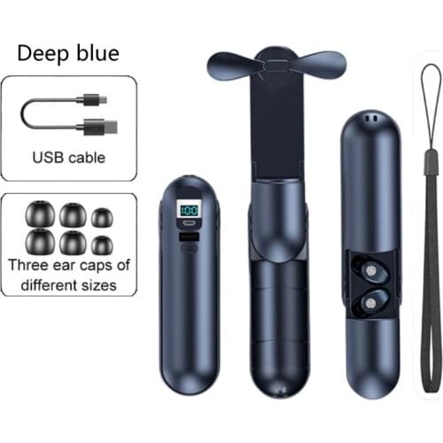 TWS Wireless Bluetooth V5.0 Earphone High Definition Stereo Headset Charging Case Mini Handheld Fan Flashlight Emergency
